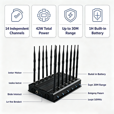 2G 3G 4G 5G 와이파이 GPS VHF UHF 로커를 위한 14 밴드 및 전방향 안테나와 함께 42W 데스크톱 신호 방해기