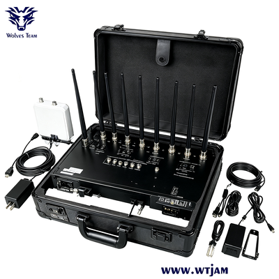 CDMA GSM DCS 3G 4G LTE 5G NR WiFi를 위해 30-100 미터 커버리지와 함께 100W 10 채널 휴대용 RF 재머
