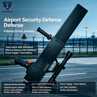 80W Portable UAV Jammer with 4 Bands GPS 2.4G 5.8G 900MHz and Built-in Battery for Field Operations